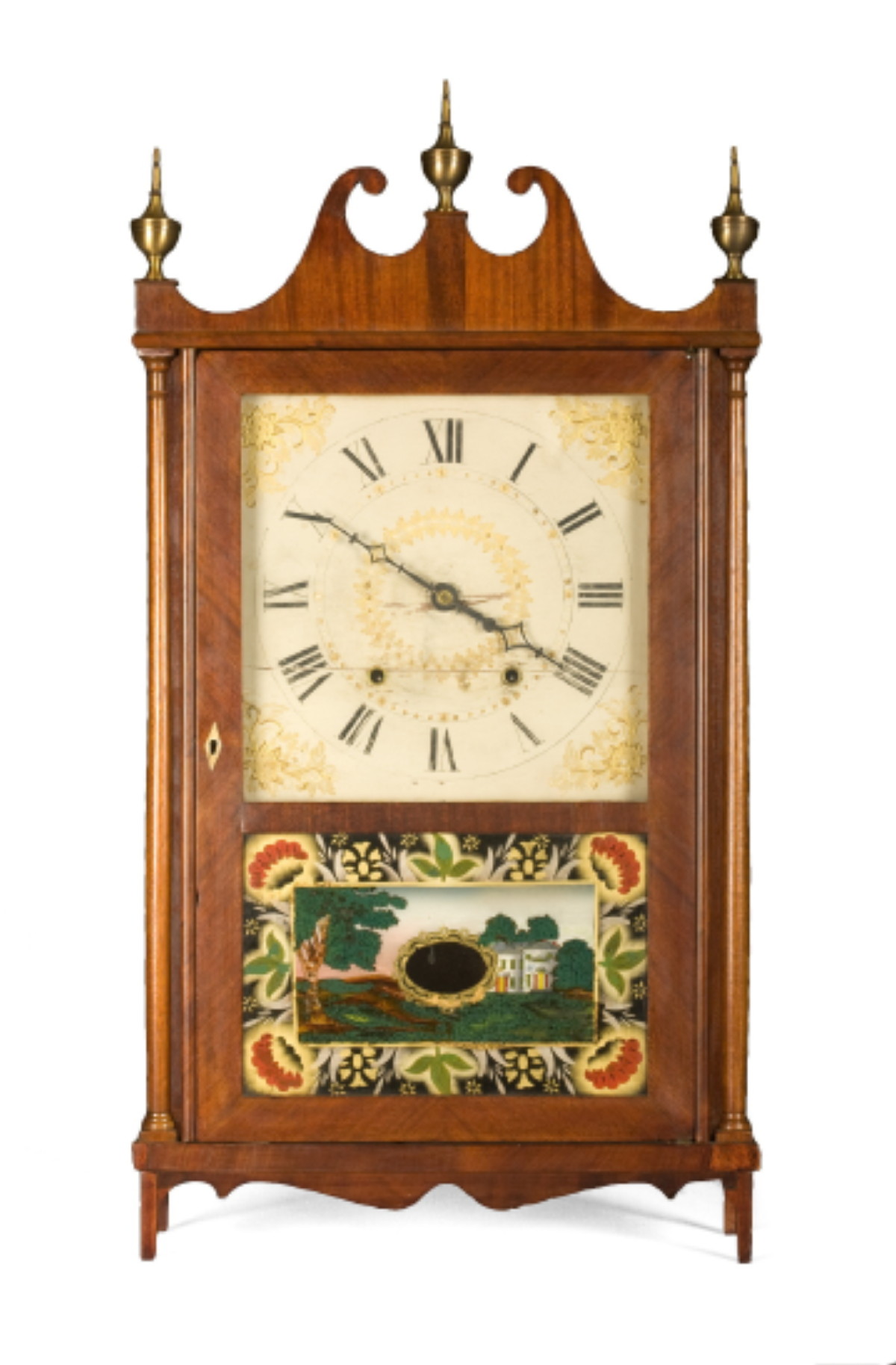 Appraisal: BRISTOL CONNECTICUT MAHOGANY AND EGLOMISE PILLAR AND SCROLL MANTEL CLOCK