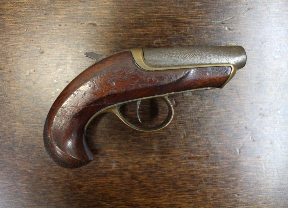 Appraisal: WILLIAMSON PATENT SINGLE SHOT DERRINGER rimfire caliber barrel brass frame