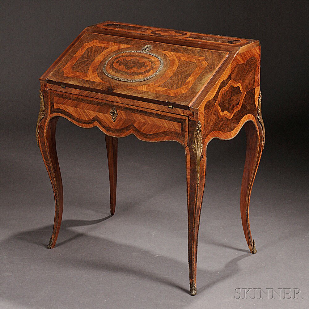 Appraisal: Louis XV-style Kingwood- and Tulipwood-veneered Bureau de Dame mid- th