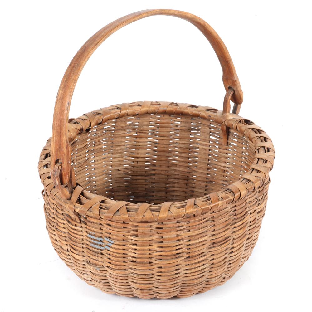 Appraisal: VINTAGE WOVEN BASKET WITH CURVED BENT WOOD SWING HANDLE WIDE