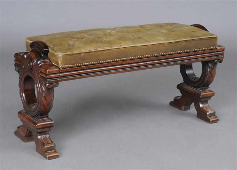 Appraisal: WILLIAM IV CARVED MAHOGANY BENCH WITH ATTACHED BUTTONED GREEN LEATHER