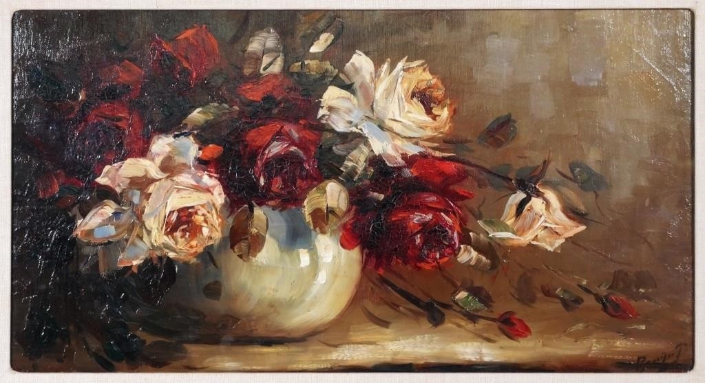 Appraisal: Oil on canvas affixed to board still life with red