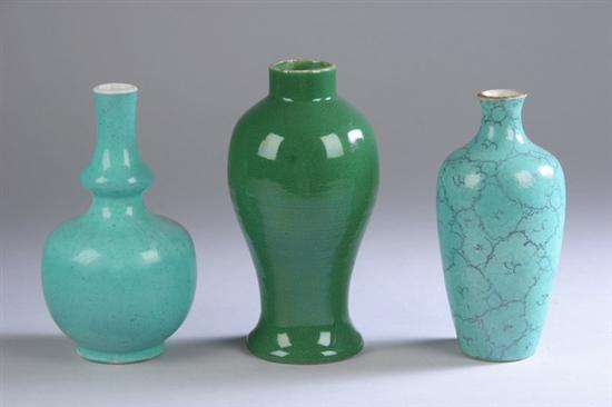 Appraisal: THREE CHINESE MONOCHROME PORCELAIN VASES th century One green crackled