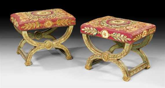 Appraisal: PAIR OF PAINTED TAPESTRY STOOLS Empire Paris circa Shaped and