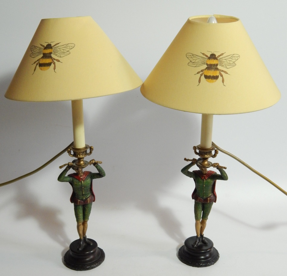 Appraisal: After Franz Bergman A pair of cold painted table lamps