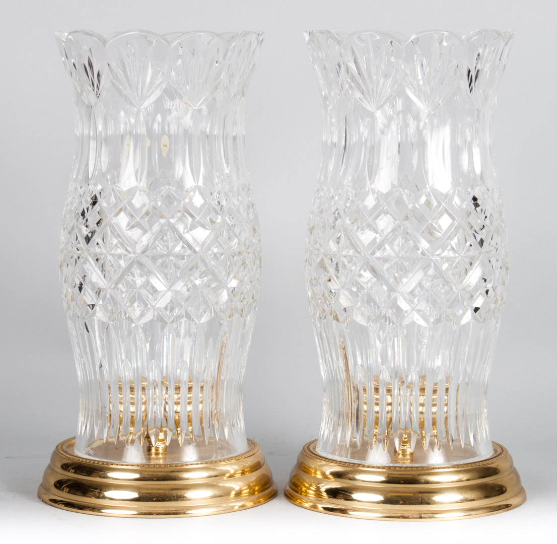 Appraisal: a Pair of Waterford crystal hurricanes hurricane shades with brass