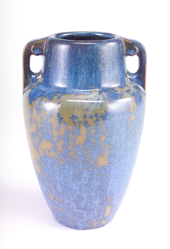 Appraisal: FULPER Urn with two scrolled handles covered in blue crystalline