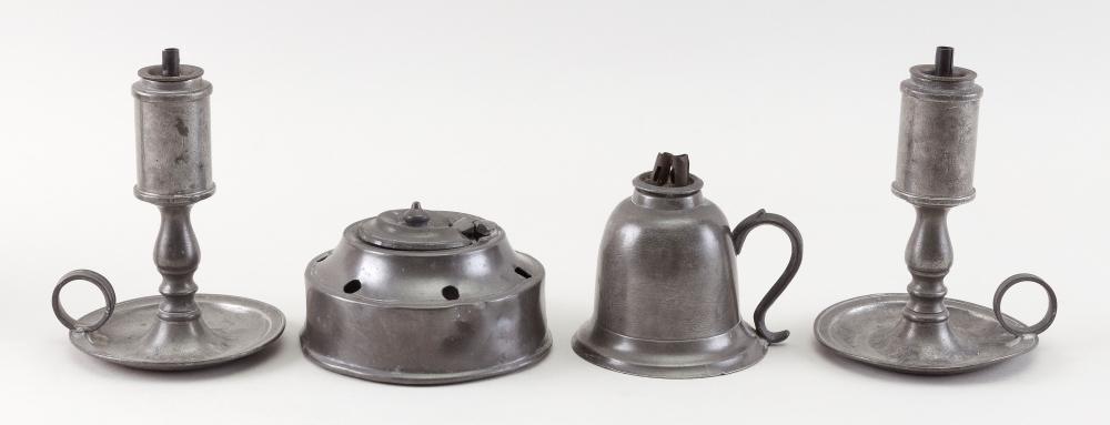 Appraisal: THREE PEWTER WHALE OIL LAMPS AND AN INKWELL TH CENTURY