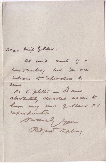 Appraisal: KIPLING RUDYARD Autograph Letter Signed to Dear Miss Gilder in