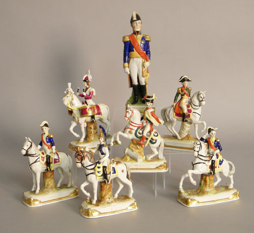 Appraisal: Seven German porcelain figures displaying French military dress tallest is