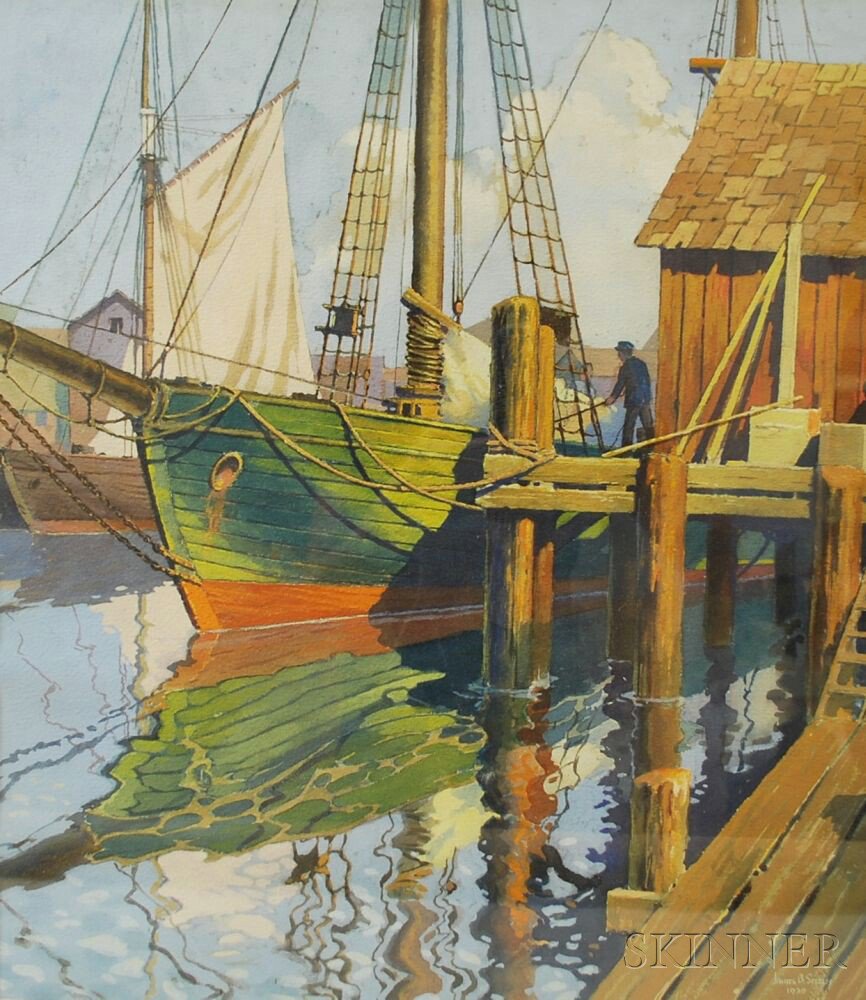 Appraisal: James B Settles American th Century Schooner at Dock Signed