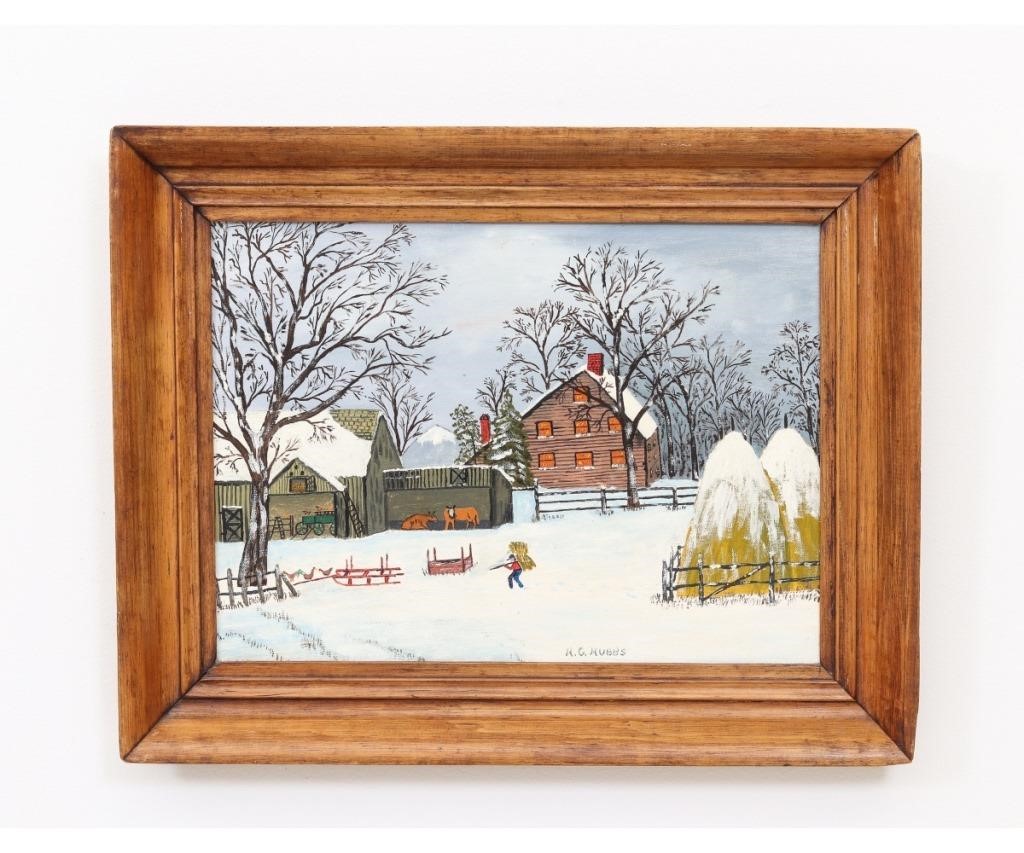 Appraisal: R C Hubbs oil on Masonite primitive winter farm scene