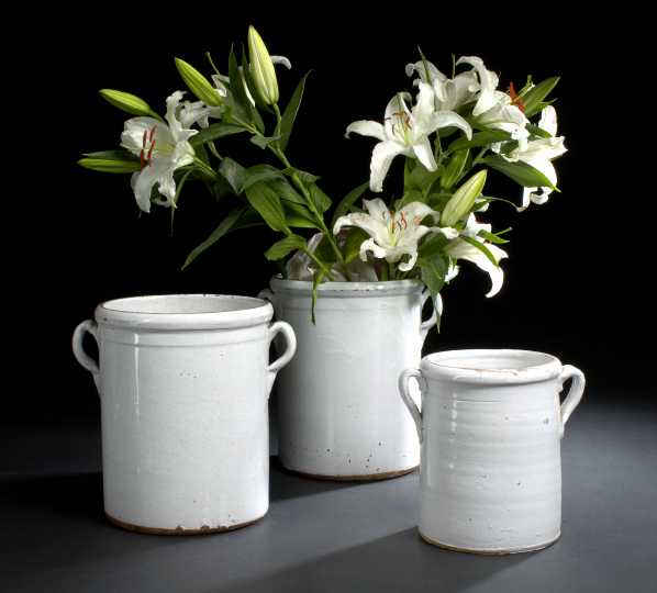 Appraisal: Graduated Trio of Continental Provincial White Crackle-Glazed Stoneware Two-Handled Storage