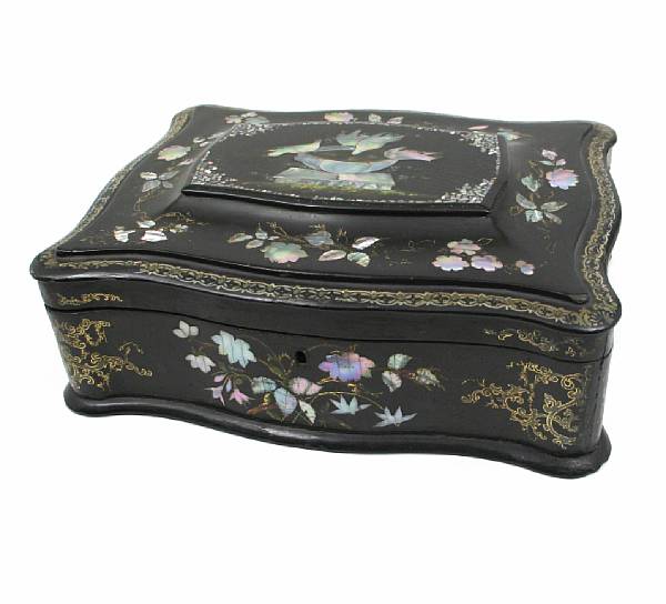 Appraisal: A Victorian papier mache sewing box with mother of pearl