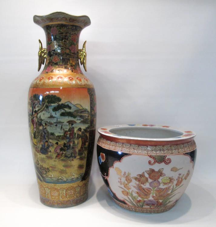 Appraisal: TWO SATSUMA STYLE PORCELAIN VESSELS vase with split handles having