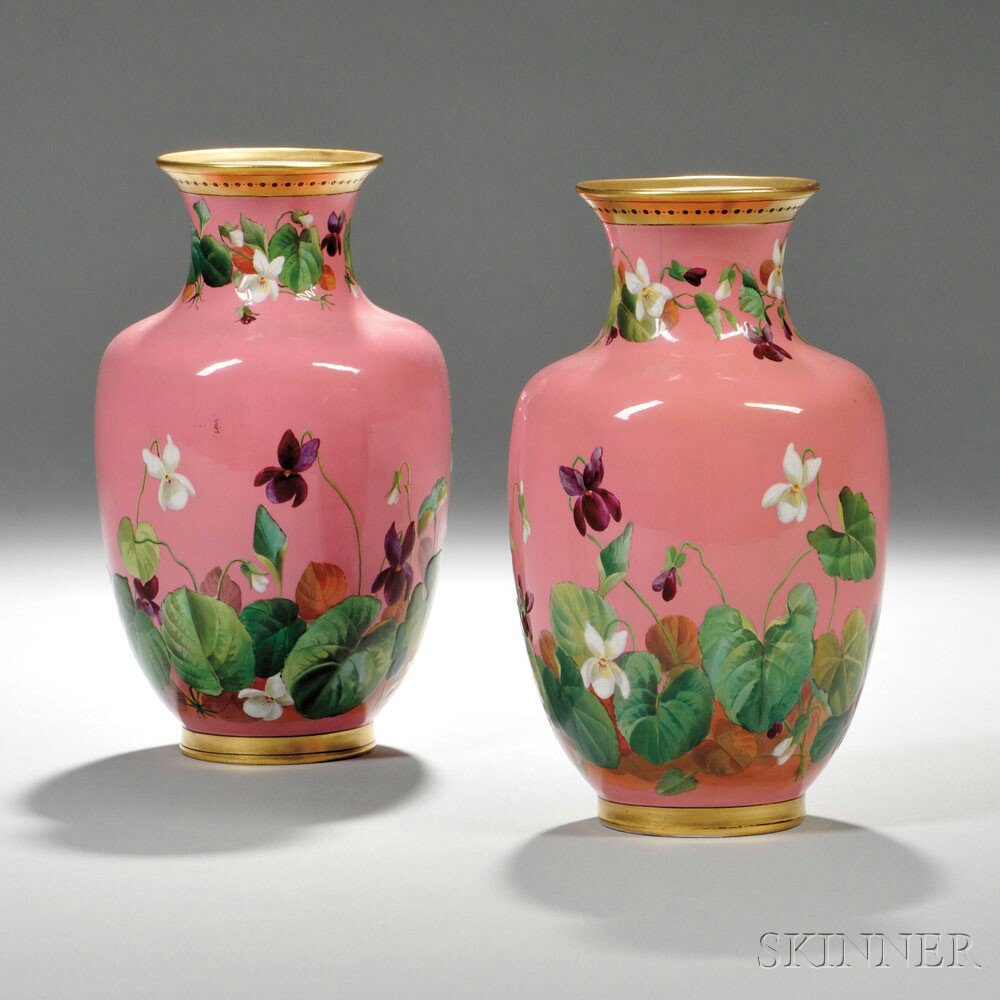 Appraisal: Pair of Hand-painted Floral-decorated Pink Ceramic Mintons Vases with gilt