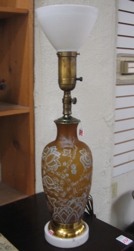 Appraisal: A DECORATED SATIN GLASS TABLE LAMP having white enameled decoration