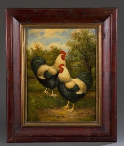 Appraisal: th c Oil on Canvas of Roosters Unsigned Cleaned and