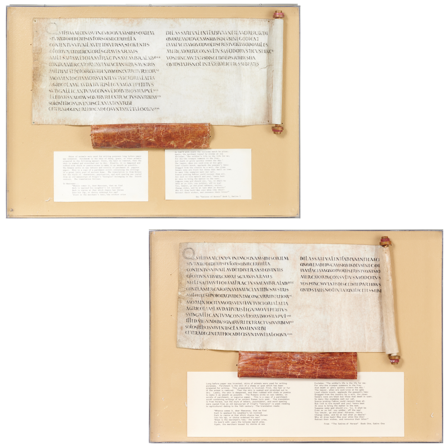 Appraisal: PAIR ANCIENT ROMAN PARCHMENT SCROLL REPRODUCTIONS Ex-museum acquired ink on