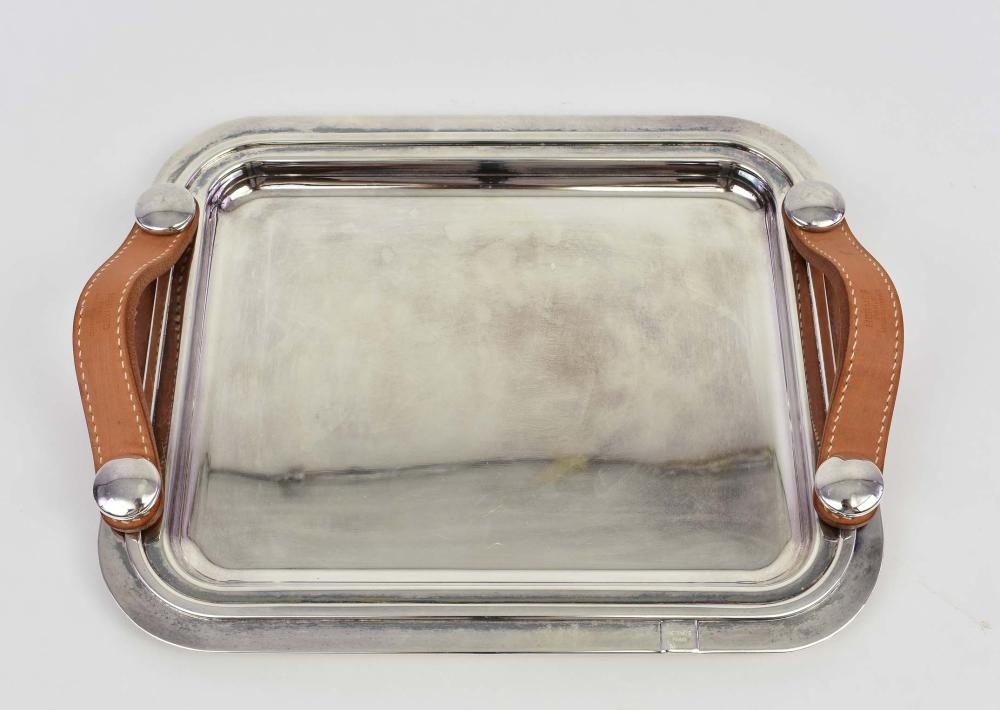 Appraisal: VINTAGE HERMES SILVER PLATE AND LEATHER STRAP TRAYThe tray impressed