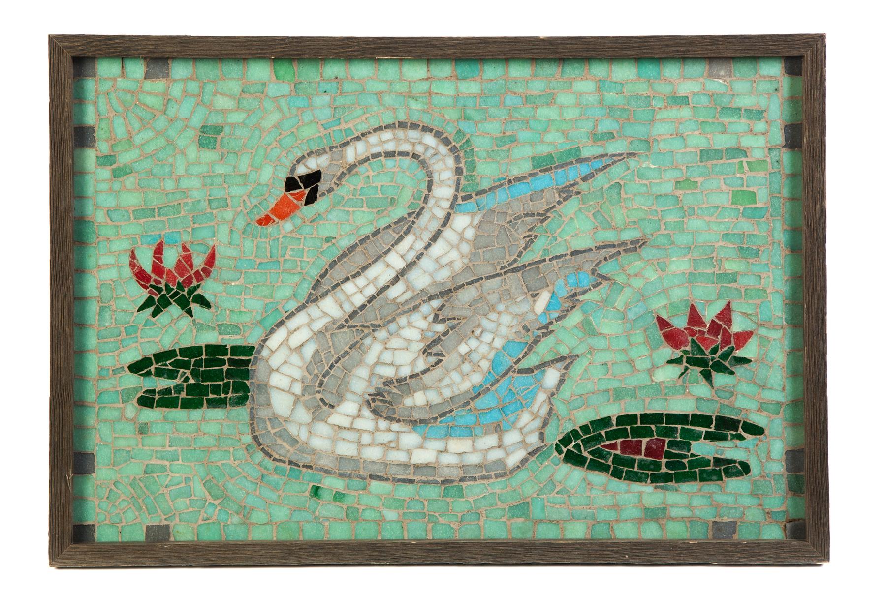 Appraisal: FRAMED MOSAIC OF SWAN Twentieth century Nicely formed turquoise-green field