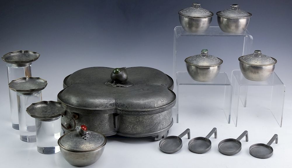 Appraisal: Antique Chinese Pewter Jade Sweetmeat Server Set Antique Chinese pewter