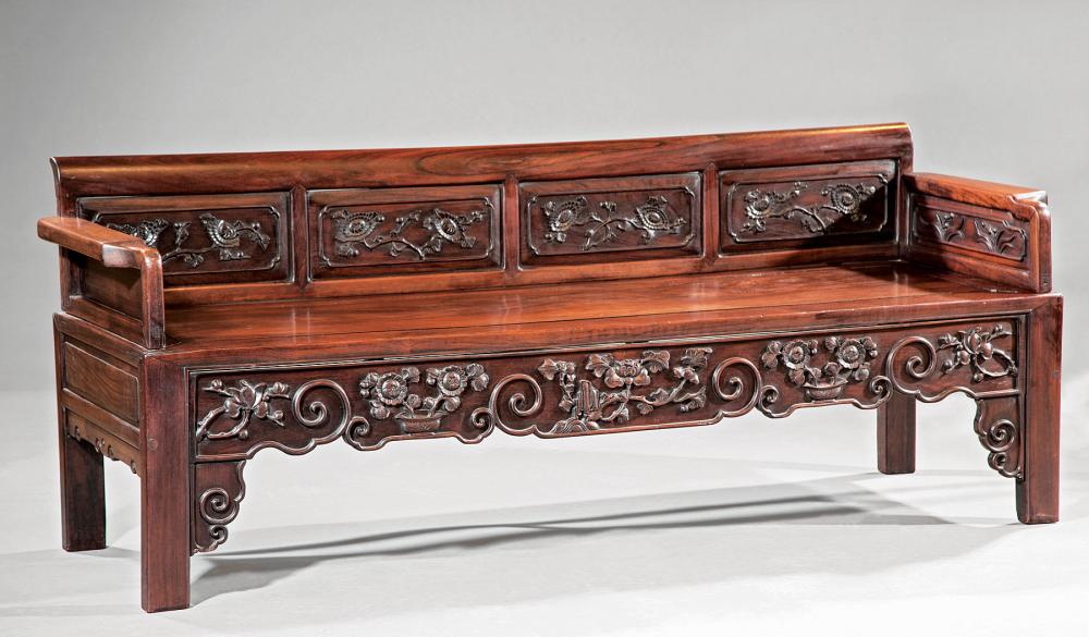 Appraisal: Chinese Hardwood Three Rail Hall Bench back and side rails