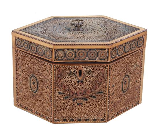 Appraisal: Georgian quillwork tea caddy th th century hexagonal hinged lid