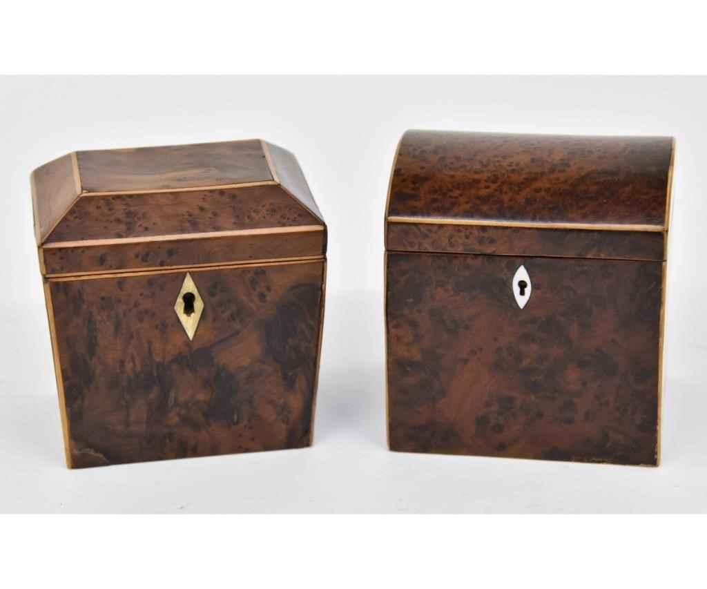 Appraisal: Georgian burl wood dome lid tea caddies h x w