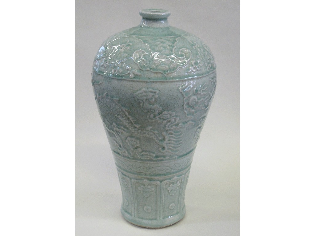 Appraisal: Oriental celadon glaze vase with dragon decoration