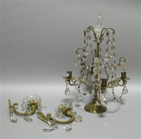 Appraisal: GILT BRONZE AND CRYSTAL FOUR LIGHT CANDLE HOLDER In the