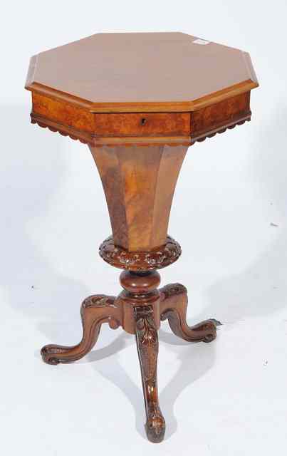 Appraisal: A VICTORIAN MAHOGANY AND WALNUT OCTAGONAL WORK TABLE the lifting