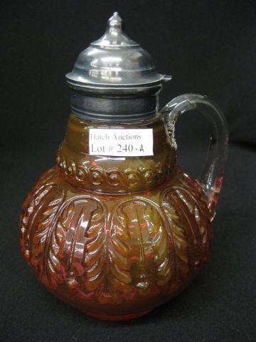 Appraisal: Victorian Cranberry Art Glass Syrup Pitcher raised leaf design NOTE