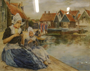 Appraisal: A Pedrew - Girls knitting on wharf side watercolour signed