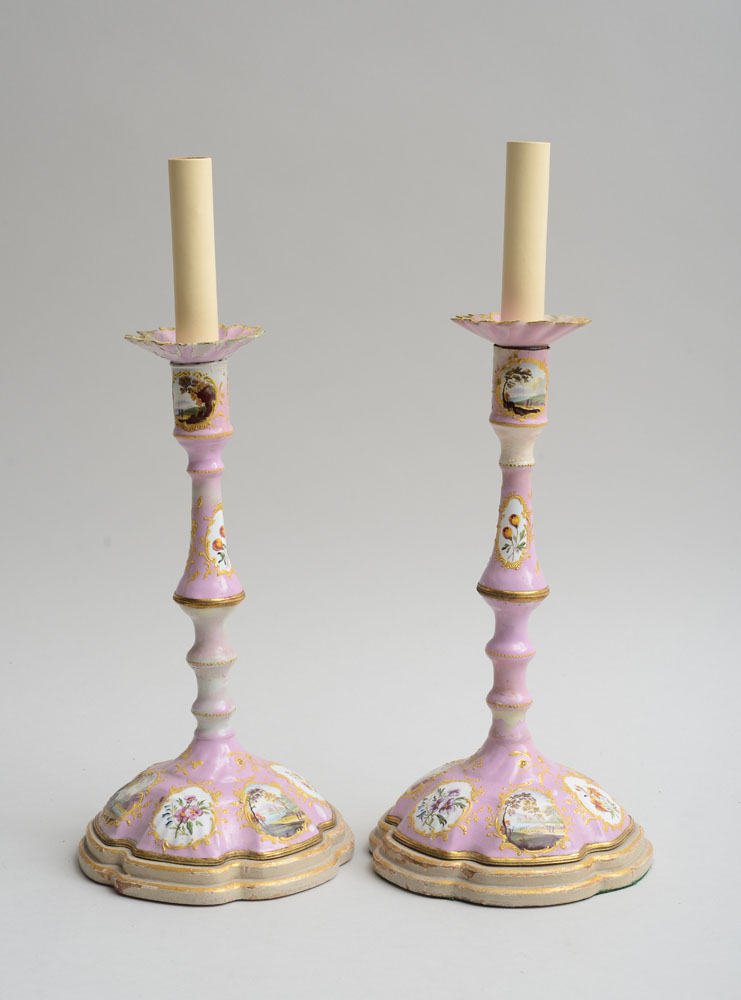 Appraisal: PAIR OF SOUTH STAFFORDSHIRE PINK ENAMEL DECORATED CANDLESTICKS With reserve