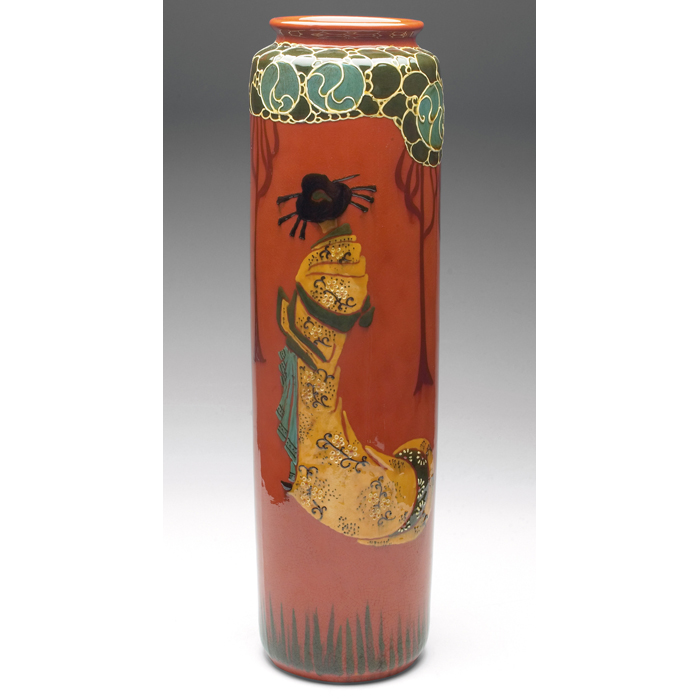 Appraisal: Exceptional Weller Rhead Faience vase tall cylindrical shape with a