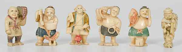 Appraisal: Polychrome Ivory Netsukes Plus Japan An assembled group of six