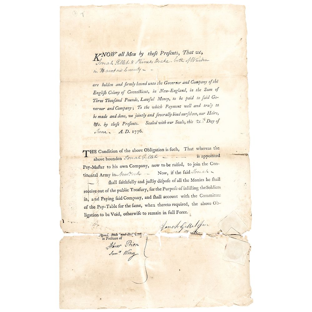 Appraisal: Revolutionary War Era Paymasters Appointment Signed Jonah Gillet American Revolution