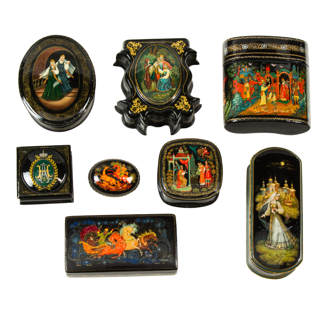 Appraisal: EIGHT RUSSIAN LACQUER BOXES Lot of Russian lacquer boxes mainly