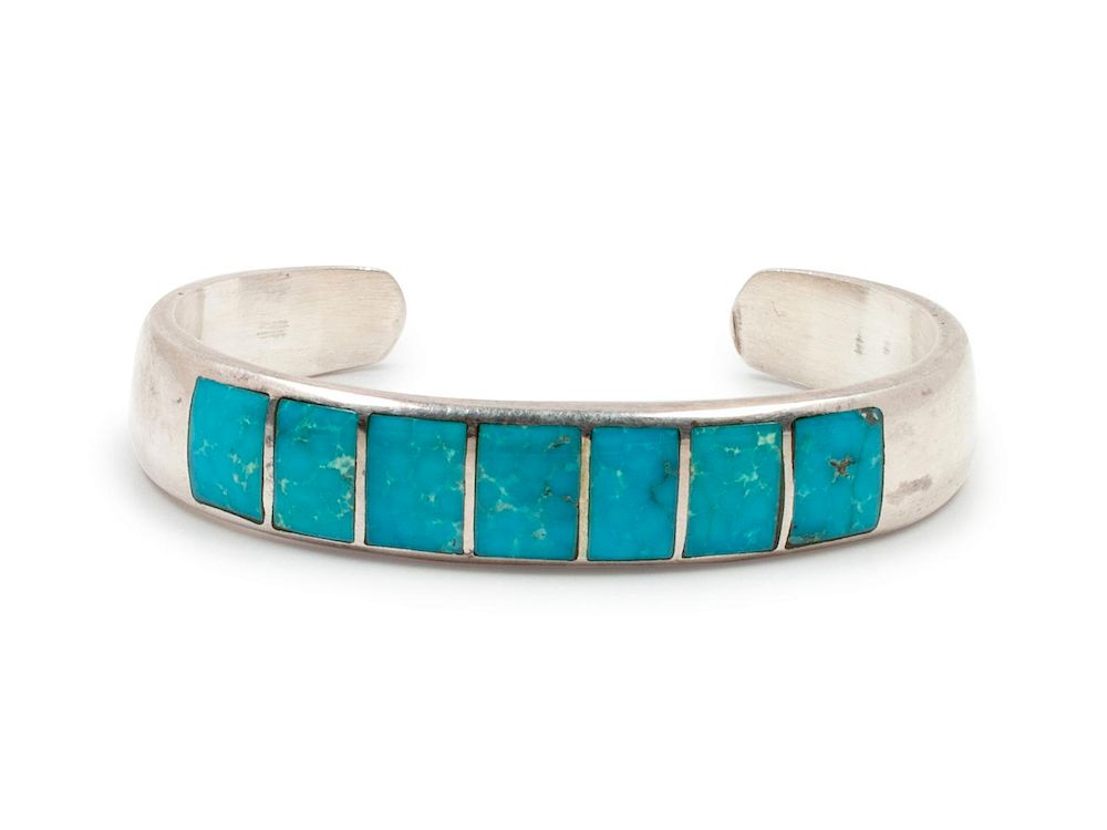 Appraisal: Ted Charveze Isleta - Silver and Turquoise Inlay Bracelet Ted