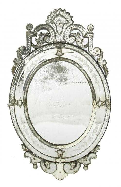 Appraisal: A VENETIAN MIRROR the oval plate in a border of