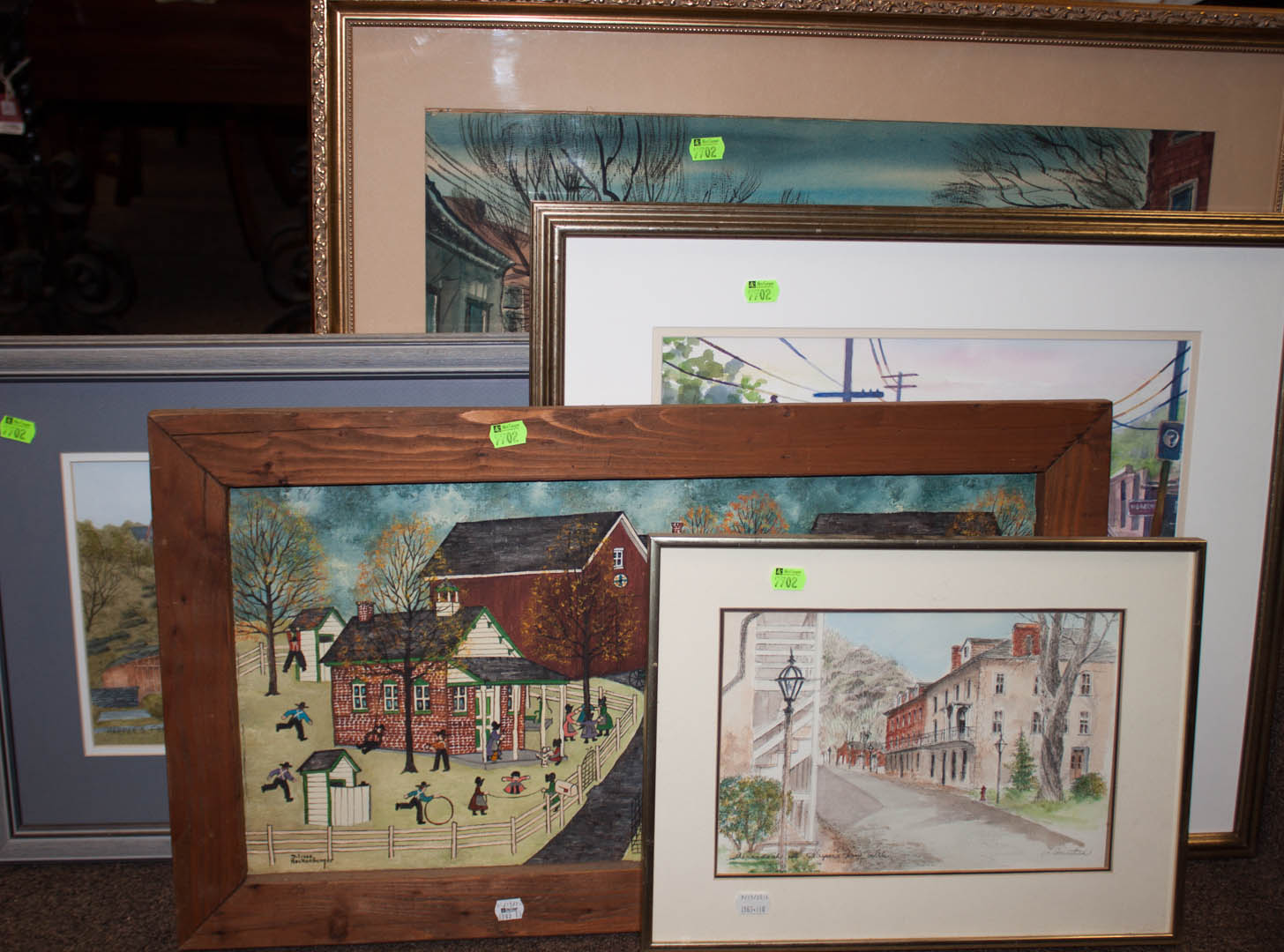 Appraisal: Five framed artworks oil on canvas and watercolors