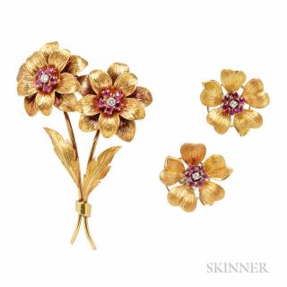 Appraisal: kt Gold Ruby and Diamond Flower Brooch Tiffany Co kt