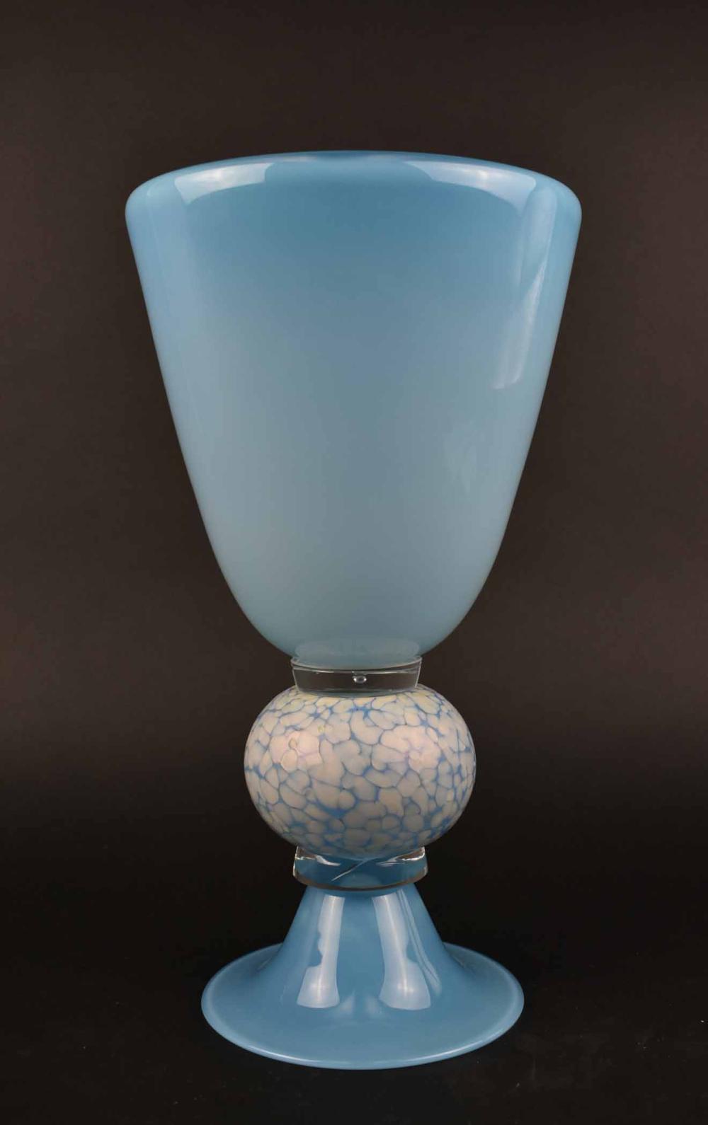 Appraisal: LARGE STUDIO GLASS VASEModern Unsigned The chalice shaped blue vessel