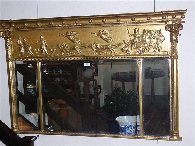 Appraisal: A REGENCY GILTWOOD OVERMANTEL MIRROR with three bevel plates classical