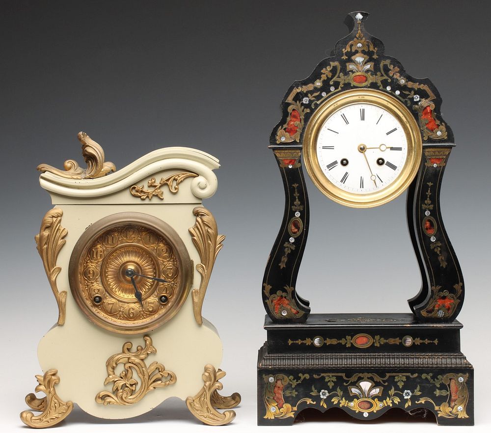 Appraisal: ANSONIA PAINTED IRON CASE AND FRENCH BOULLE CASE CLOCKS The