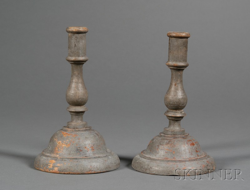 Appraisal: Pair of Gray-painted Turned Wooden Candlesticks possibly America th century