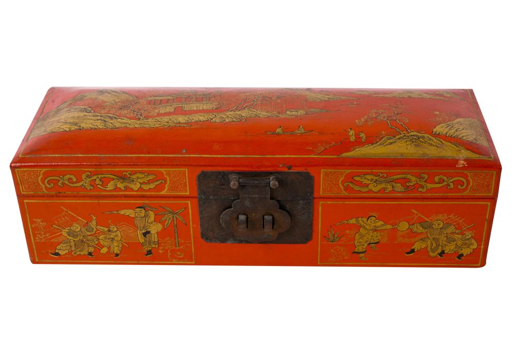 Appraisal: CHINESE RED GILT LACQUERED BOXthe hinged lid opening to an