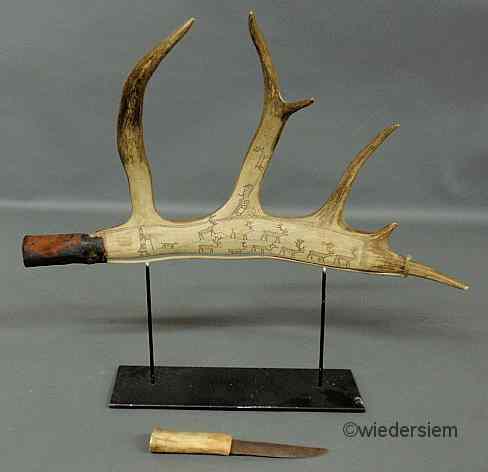 Appraisal: Rare Inuit reindeer horn carved and etched with a scene