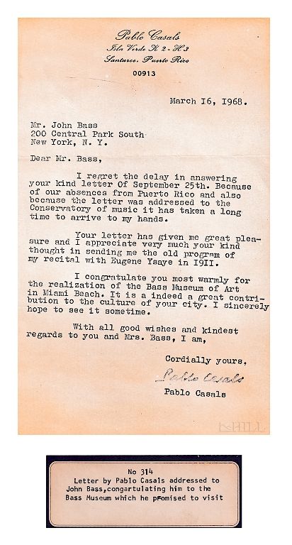 Appraisal: Pablo Casals Letter copy addressed to John Bass Pablo Casals